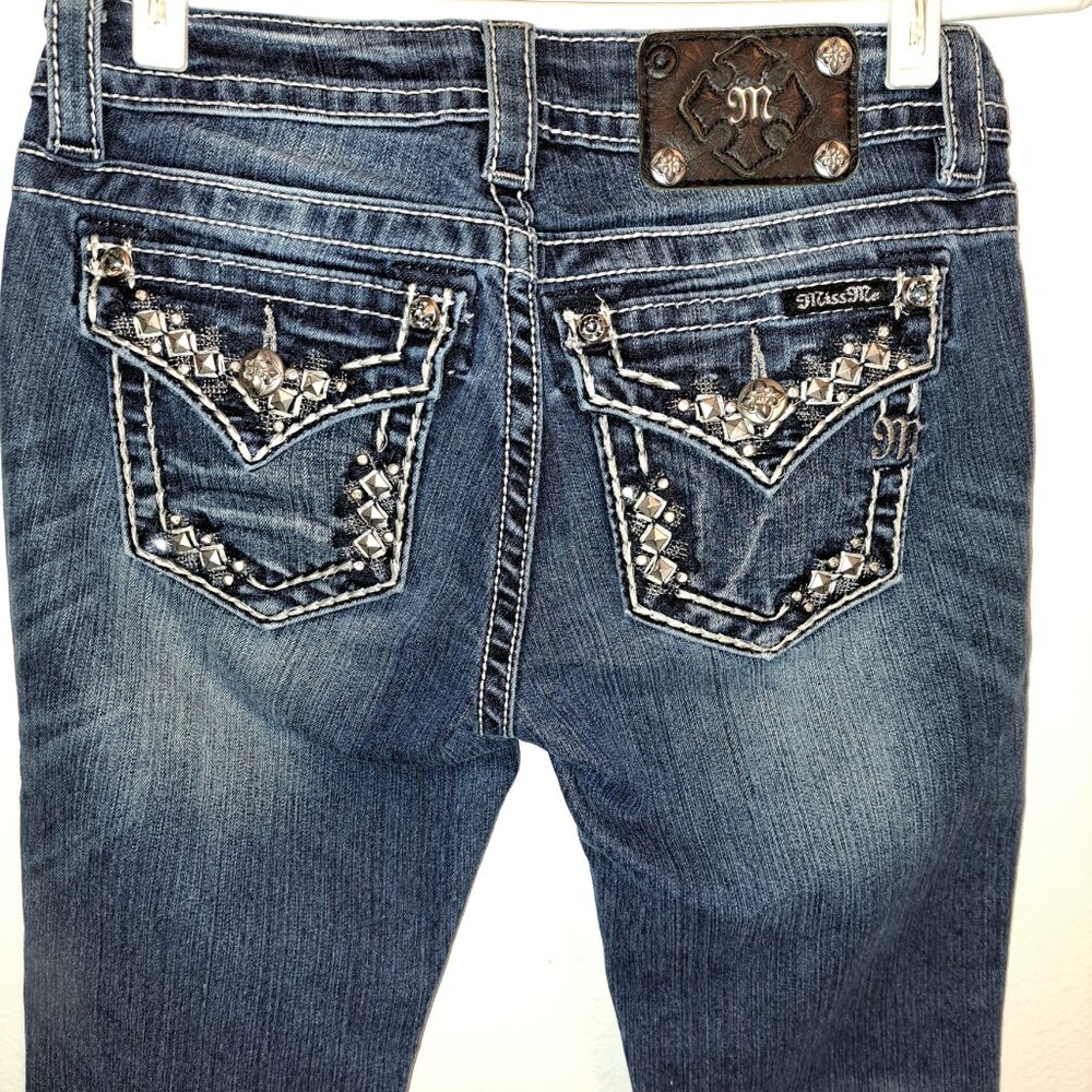 Miss Me Mid-rise Boot Jeans With Embroidery,Riveting, Rhinestones &Flap Pockets